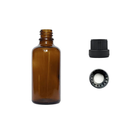 50ml Amber Glass Dropper Bottle with Tamper Evident Ribbed Black Cap and EPE Liner (Type III)