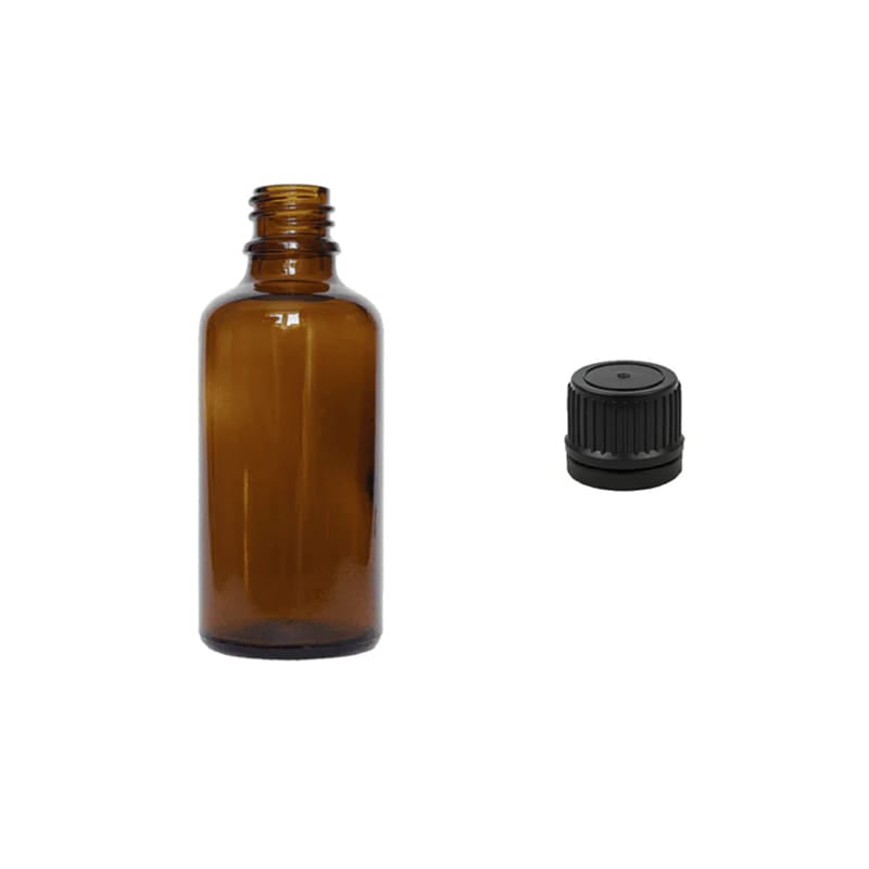 50ml Amber Glass Dropper Bottle with Tamper Evident Ribbed Black Cap (Type II)