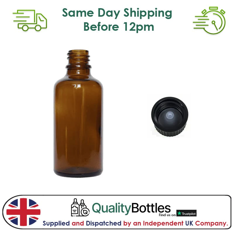 50ml Amber Glass Dropper Bottle with Urea Black Cap with Polycone Insert DIN 18mm - Pack of 12