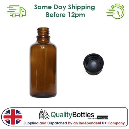 50ml Amber Glass Dropper Bottle with Urea Black Cap with Polycone Insert DIN 18mm - Pack of 12