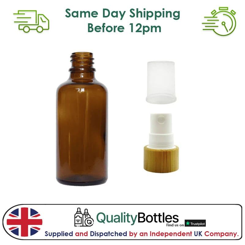 50ml Amber Glass Dropper Bottle with White Atomiser with Bamboo Collar and Clear Over Cap - Pack of 12