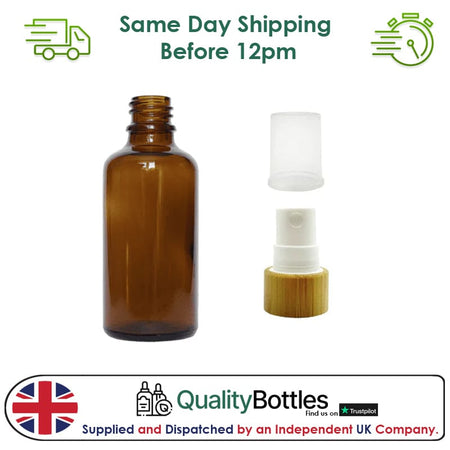 50ml Amber Glass Dropper Bottle with White Atomiser with Bamboo Collar and Clear Over Cap - Pack of 12