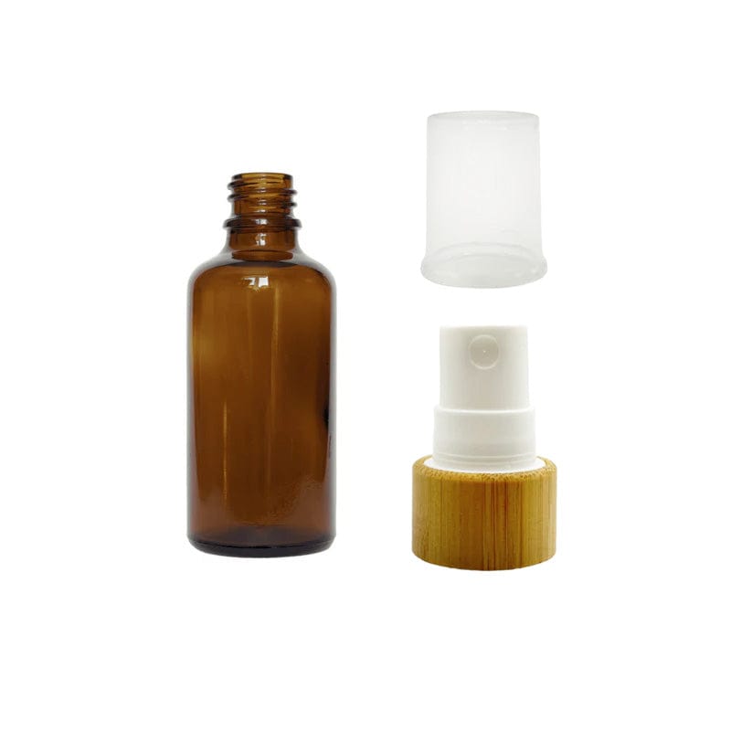 50ml Amber Glass Dropper Bottle With White Bamboo Atomiser