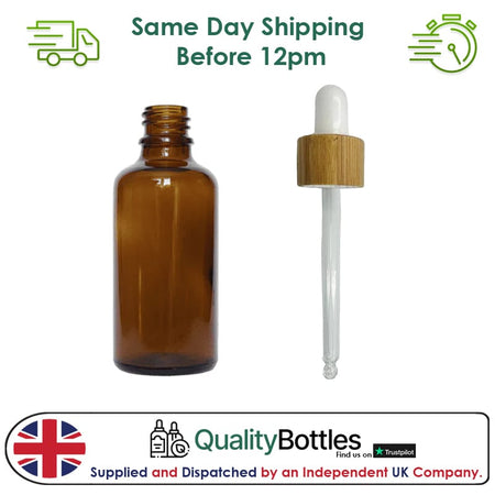 50ml Amber Glass Dropper Bottle with White Bamboo Dropper - Pack of 12