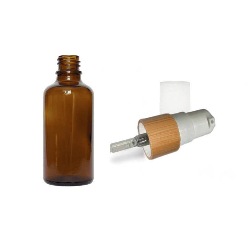 50ml Amber Glass Dropper Bottle With White Bamboo Lotion Pump