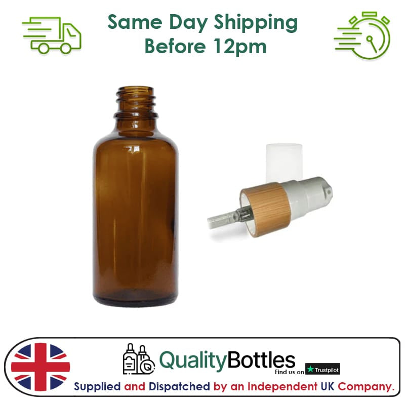50ml Amber Glass Dropper Bottle with White Lotion Pump with Bamboo Collar and Clear Over Cap - Pack of 12