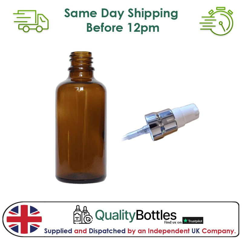 50ml Amber Glass Dropper Bottle with White Lotion Pump with Silver Collar and Clear Over Cap - Pack of 12