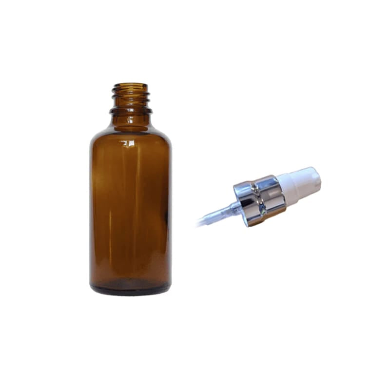 50ml Amber Glass Dropper Bottle with White Lotion Pump with Silver Collar and Clear Over Cap
