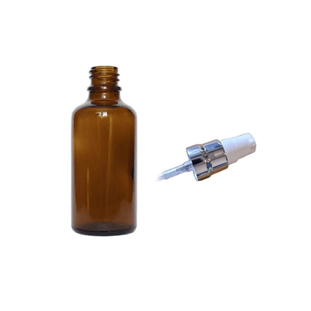50ml Amber Glass Dropper Bottle with White Lotion Pump with Silver Collar and Clear Over Cap