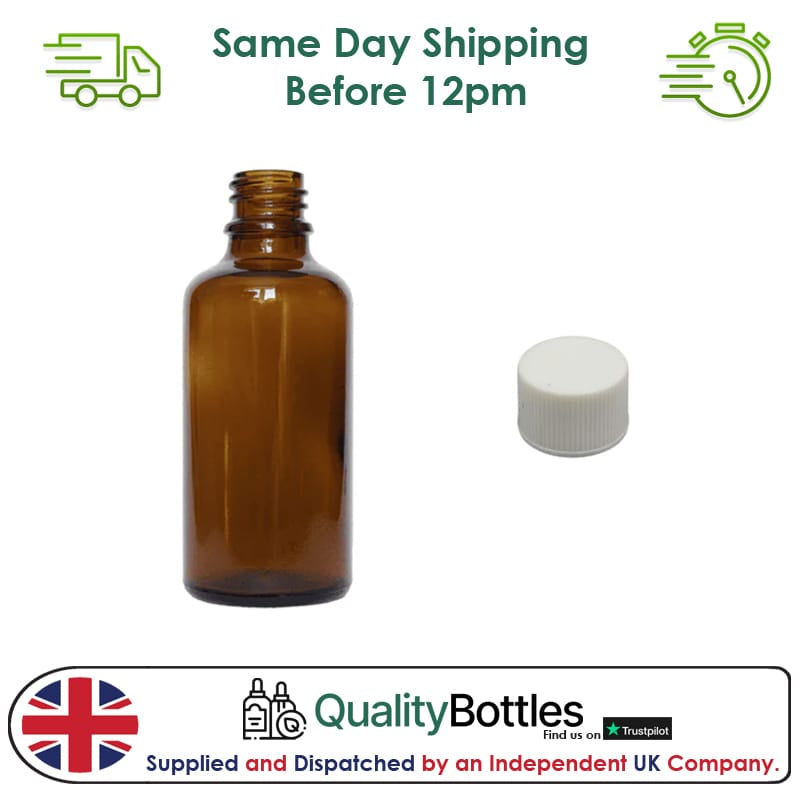50ml Amber Glass Dropper Bottle with White PP Wadded Cap DIN 18mm - Pack of 12