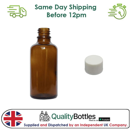 50ml Amber Glass Dropper Bottle with White PP Wadded Cap DIN 18mm - Pack of 12