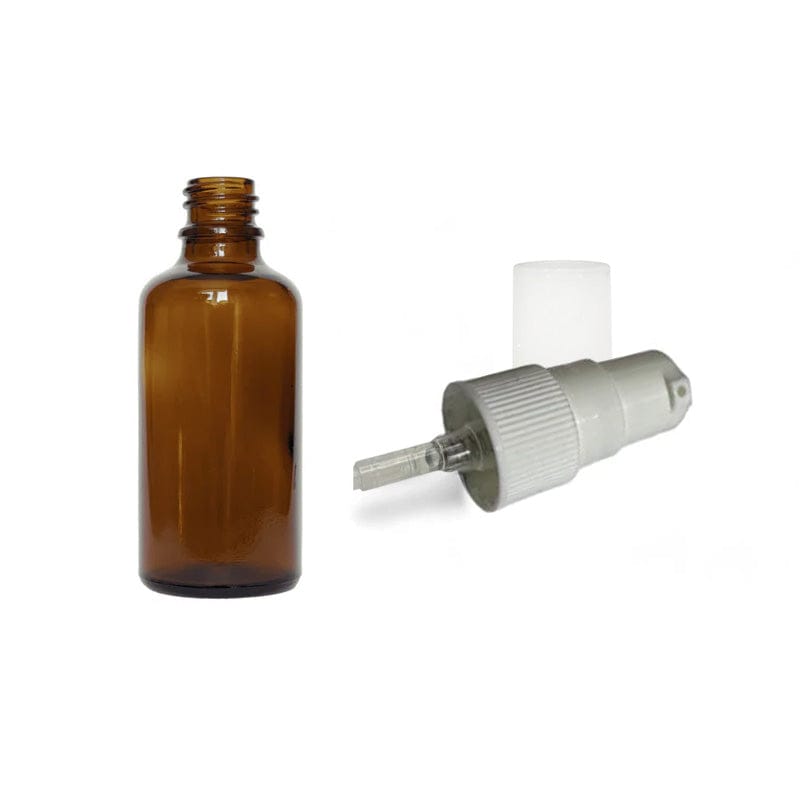 50ml Amber Glass Dropper Bottle With White Tamper Evident Lotion Pump