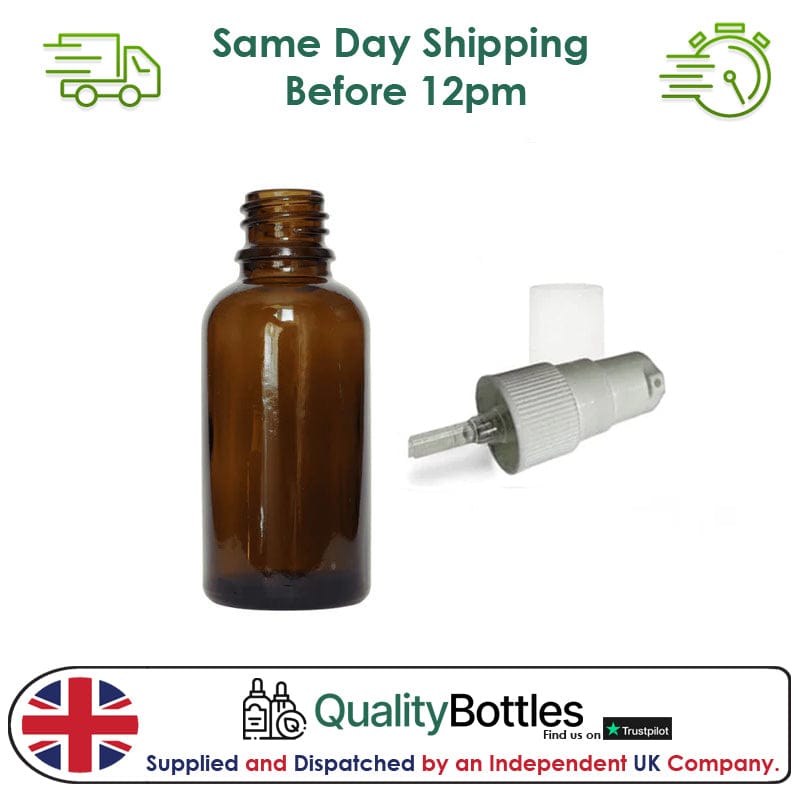 50ml Amber Glass Dropper Bottle with White TE Lotion Pump - Pack of 12