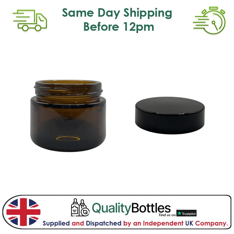 50ml Amber Glass Jar With Black ABS Lid - Pack of 15