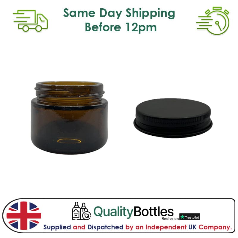 50ml Amber Glass Jar With Matte Black Aluminium Lid - Pack of 15