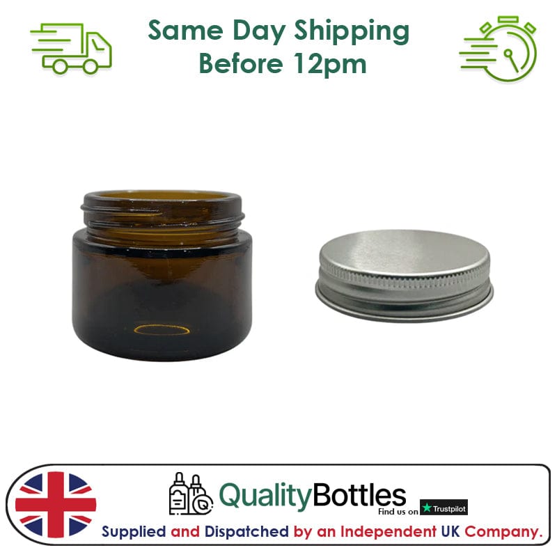 50ml Amber Glass Jar With Silver Aluminium Lid - Pack of 15