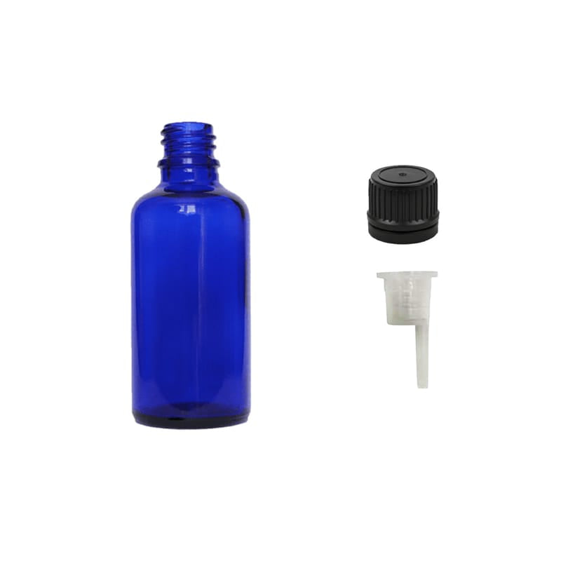 50ml Blue Glass Dropper Bottle with 0.6mm Dripper Insert and Tamper Evident Black Cap (Type II)