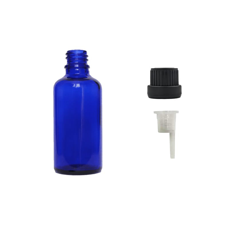 50ml Blue Glass Dropper Bottle with 0.6mm Dripper Insert and Tamper Evident Black Cap (Type III) - Pack of 12