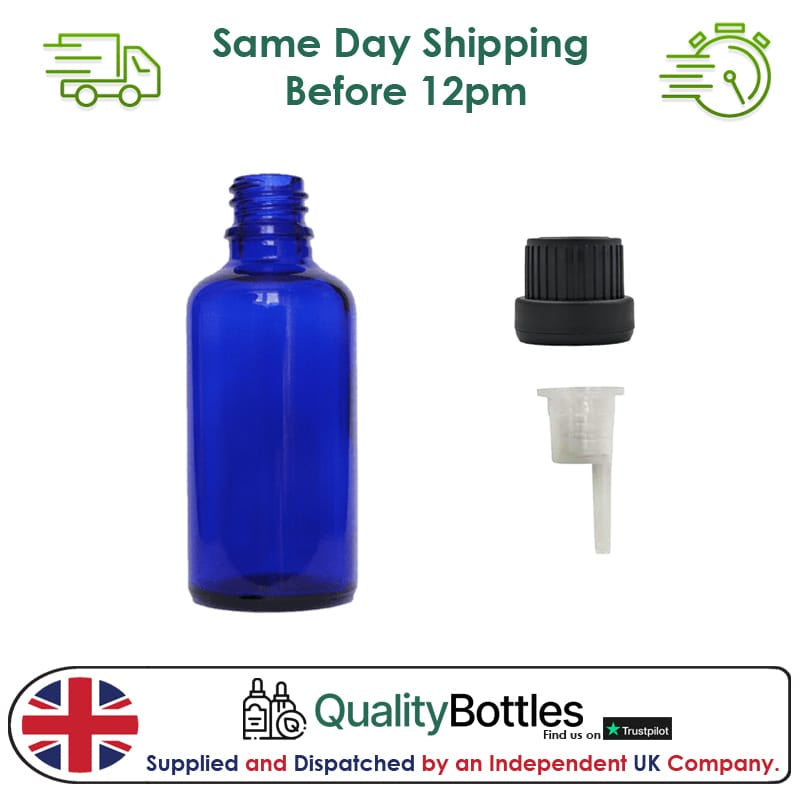 50ml Blue Glass Dropper Bottle with 0.6mm Dripper Insert and Tamper Evident Black Cap (Type III) - Pack of 12