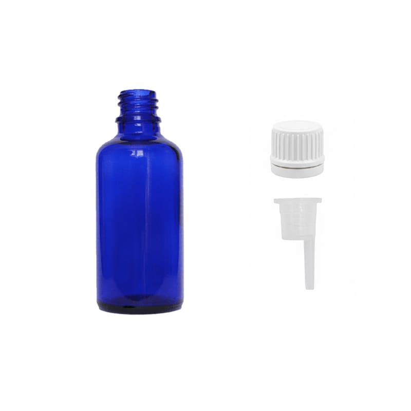 50ml Blue Glass Dropper Bottle with 0.6mm Dripper Insert and Tamper Evident White Cap (Type II)