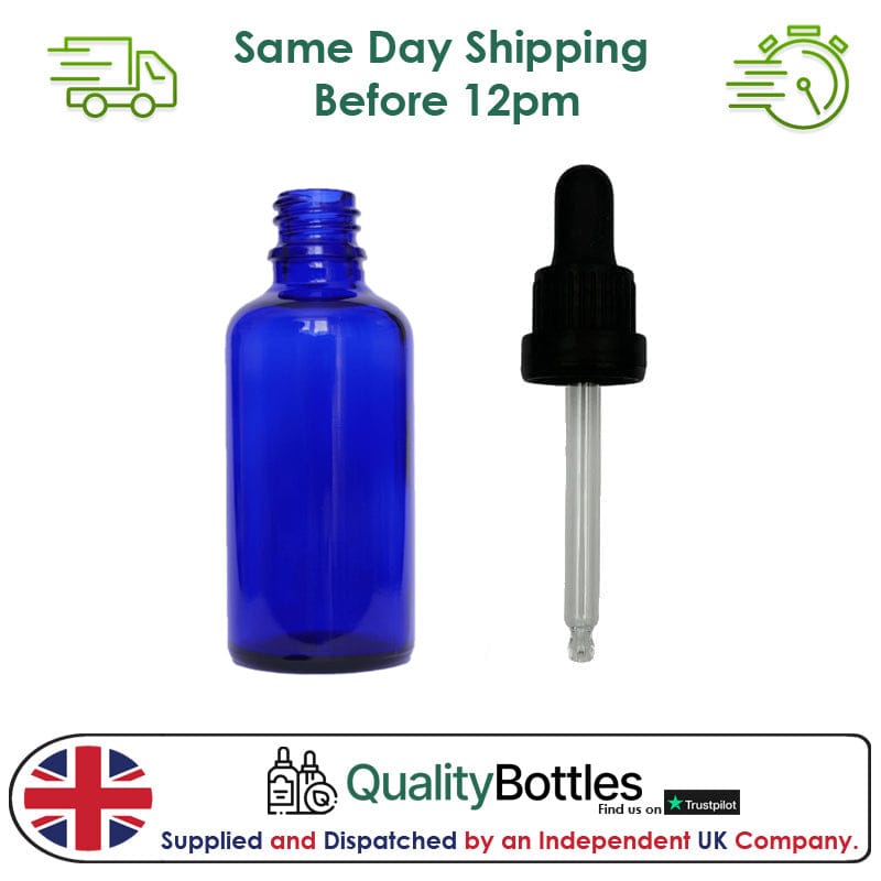 50ml Blue Glass Dropper Bottle with 50ml Black TE BEP - Pack of 12