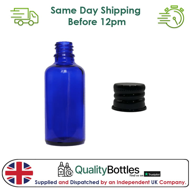 50ml Blue Glass Dropper Bottle with Black Anodised Aluminium Cap - Pack of 12