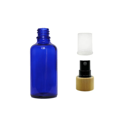 50ml Blue Glass Dropper Bottle with Black Atomiser with Bamboo Collar and Clear Over Cap - Pack of 12