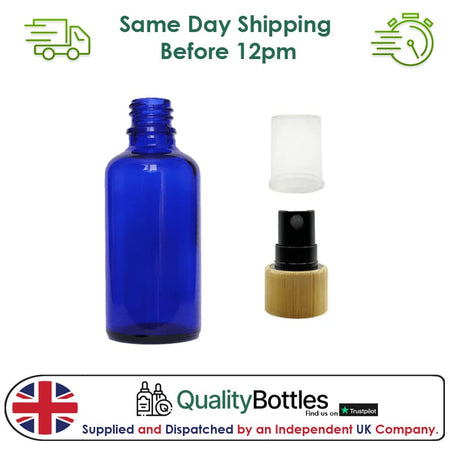 50ml Blue Glass Dropper Bottle with Black Atomiser with Bamboo Collar and Clear Over Cap - Pack of 12