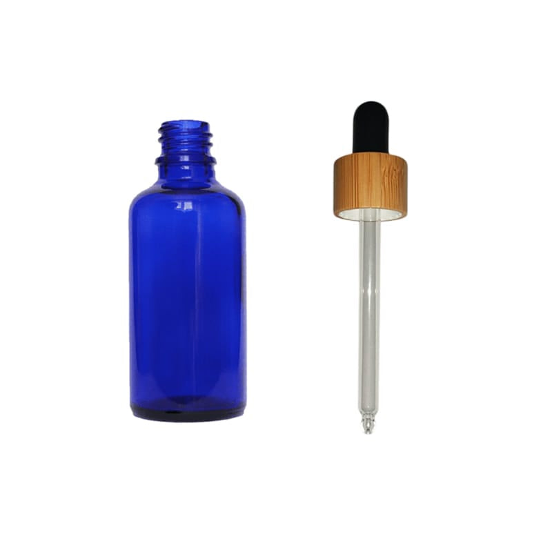 50ml Blue Glass Dropper Bottle with Black Bamboo Dropper - Pack of 12