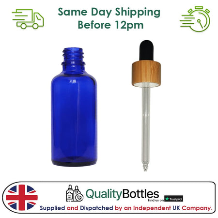 50ml Blue Glass Dropper Bottle with Black Bamboo Dropper - Pack of 12