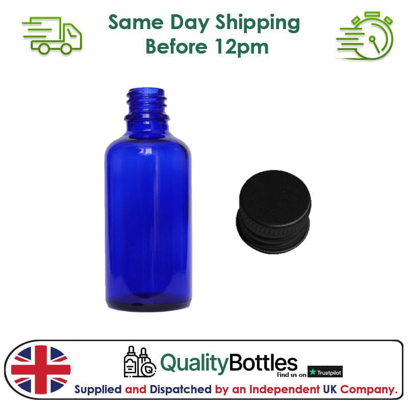 50ml Blue Glass Dropper Bottle with Black DIN18 Cap - Pack of 12