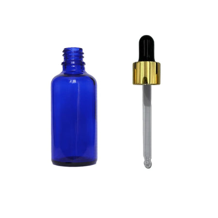 50ml Blue Glass Dropper Bottle with Black & Gold Dropper - Pack of 12