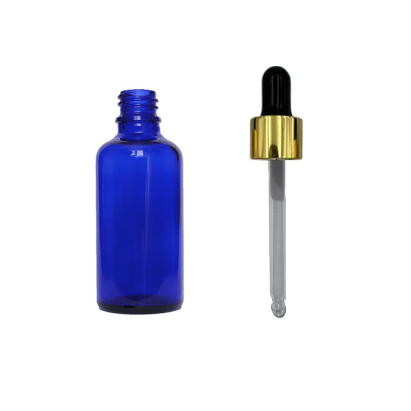 50ml Blue Glass Dropper Bottle with Black & Gold Dropper - Pack of 12