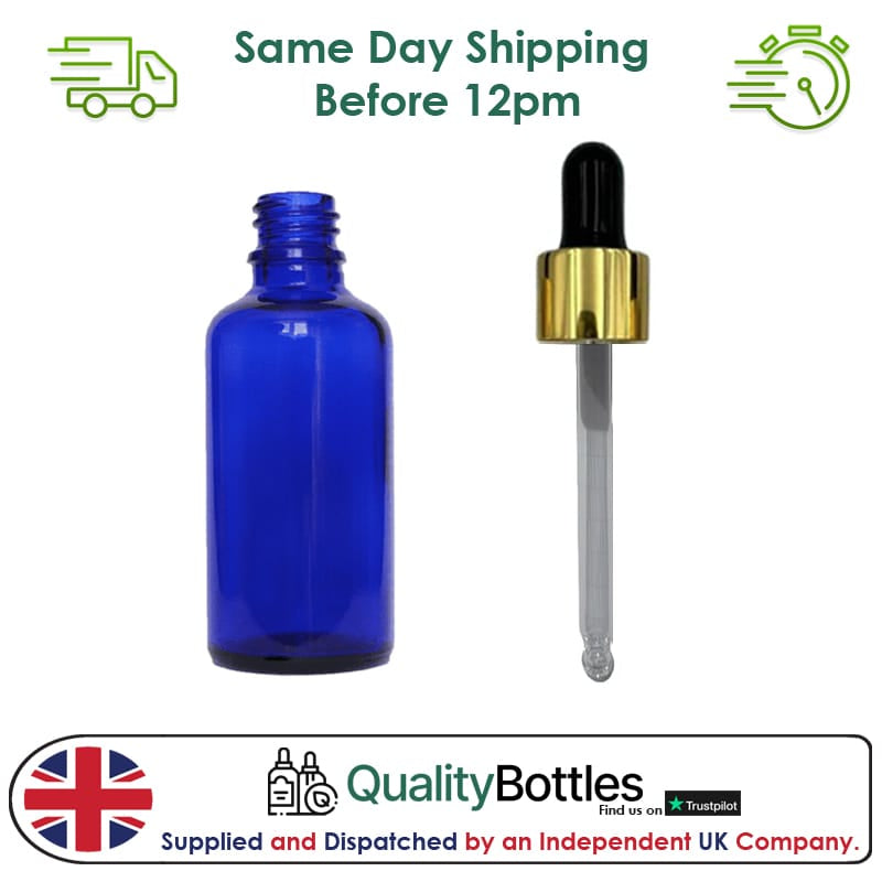 50ml Blue Glass Dropper Bottle with Black & Gold Dropper - Pack of 12