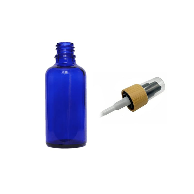 50ml Blue Glass Dropper Bottle with Black Lotion Pump with Bamboo Collar and Clear Over Cap - Pack of 12