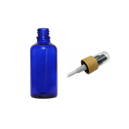50ml Blue Glass Dropper Bottle with Black Lotion Pump with Bamboo Collar and Clear Over Cap - Pack of 12