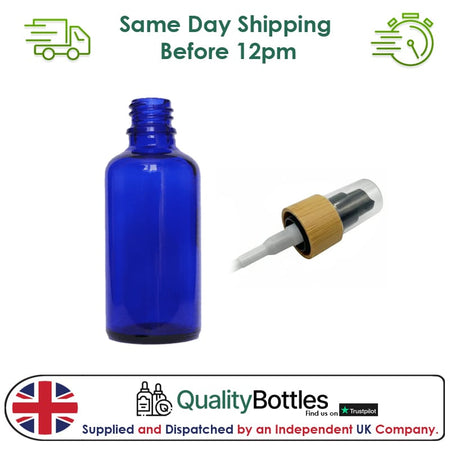 50ml Blue Glass Dropper Bottle with Black Lotion Pump with Bamboo Collar and Clear Over Cap - Pack of 12