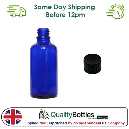 50ml Blue Glass Dropper Bottle with Black PP Wadded Cap DIN 18mm - Pack of 12