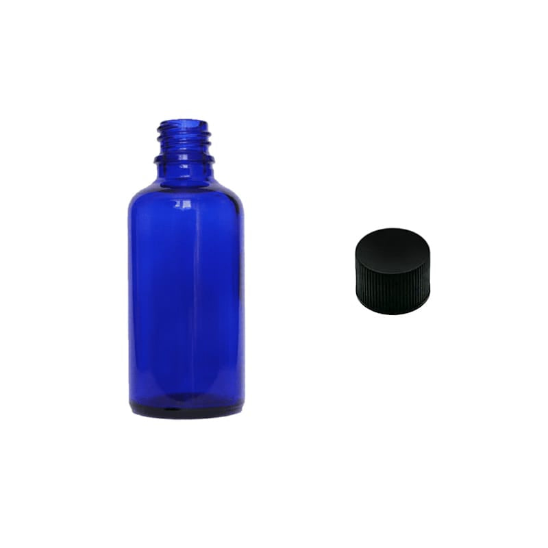 50ml Blue Glass Dropper Bottle with Black PP Wadded Cap DIN 18mm