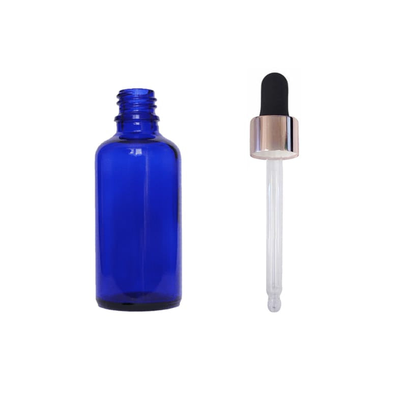 50ml Blue Glass Dropper Bottle with Black & Rose Gold Dropper