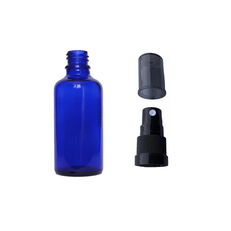 50ml Blue Glass Dropper Bottle with Black Tamper Evident Atomiser with Dark Tinted Over Cap (Type III) - Pack of 12
