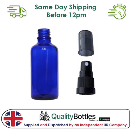 50ml Blue Glass Dropper Bottle with Black Tamper Evident Atomiser with Dark Tinted Over Cap (Type III) - Pack of 12