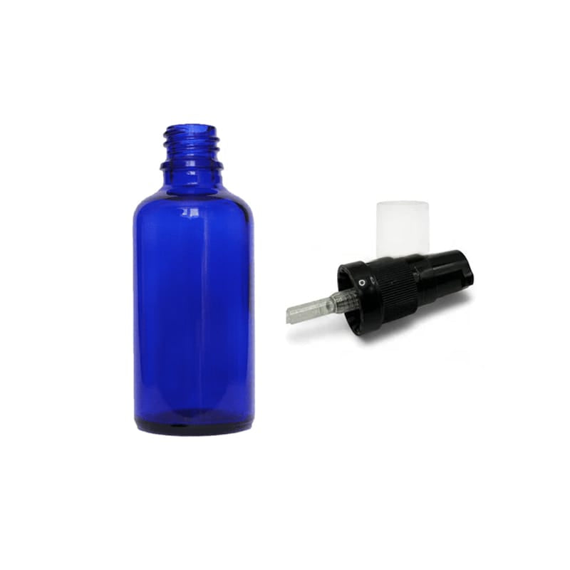 50ml Blue Glass Dropper Bottle with Black Tamper Evident Lotion Pump with Clear Over Cap (Type III) - Pack of 12