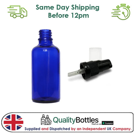 50ml Blue Glass Dropper Bottle with Black Tamper Evident Lotion Pump with Clear Over Cap (Type III) - Pack of 12