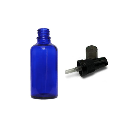 50ml Blue Glass Dropper Bottle with Black Tamper Evident Lotion Pump with Smoke Tinted Over Cap (Type III) - Pack of 12