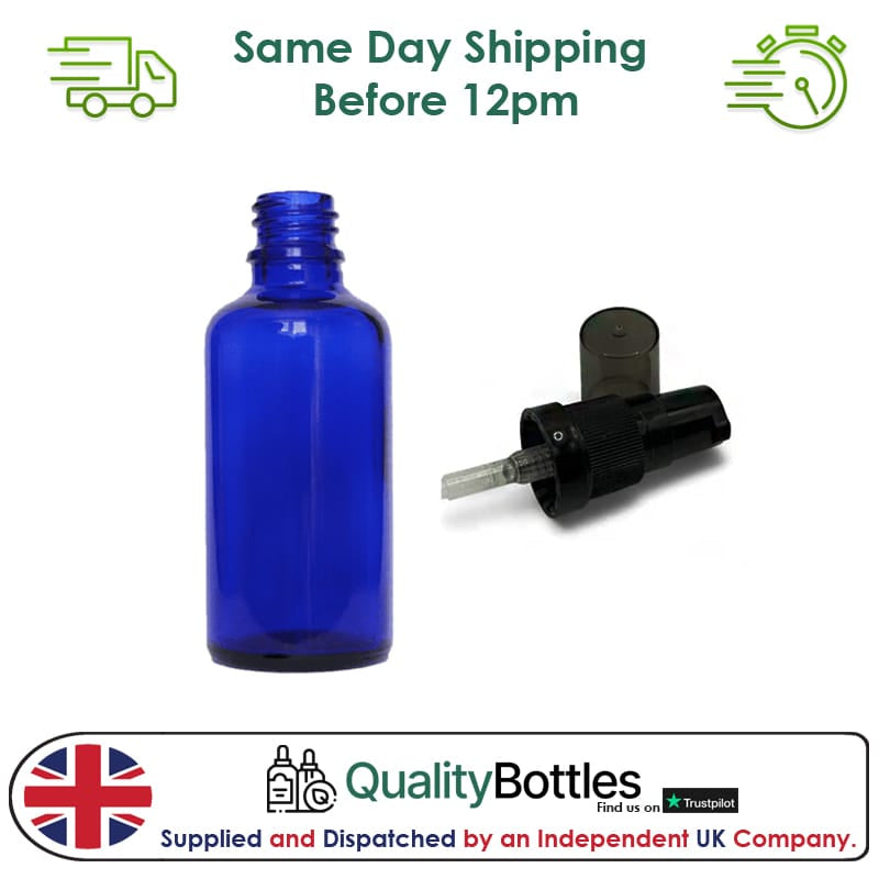 50ml Blue Glass Dropper Bottle with Black Tamper Evident Lotion Pump with Smoke Tinted Over Cap (Type III) - Pack of 12
