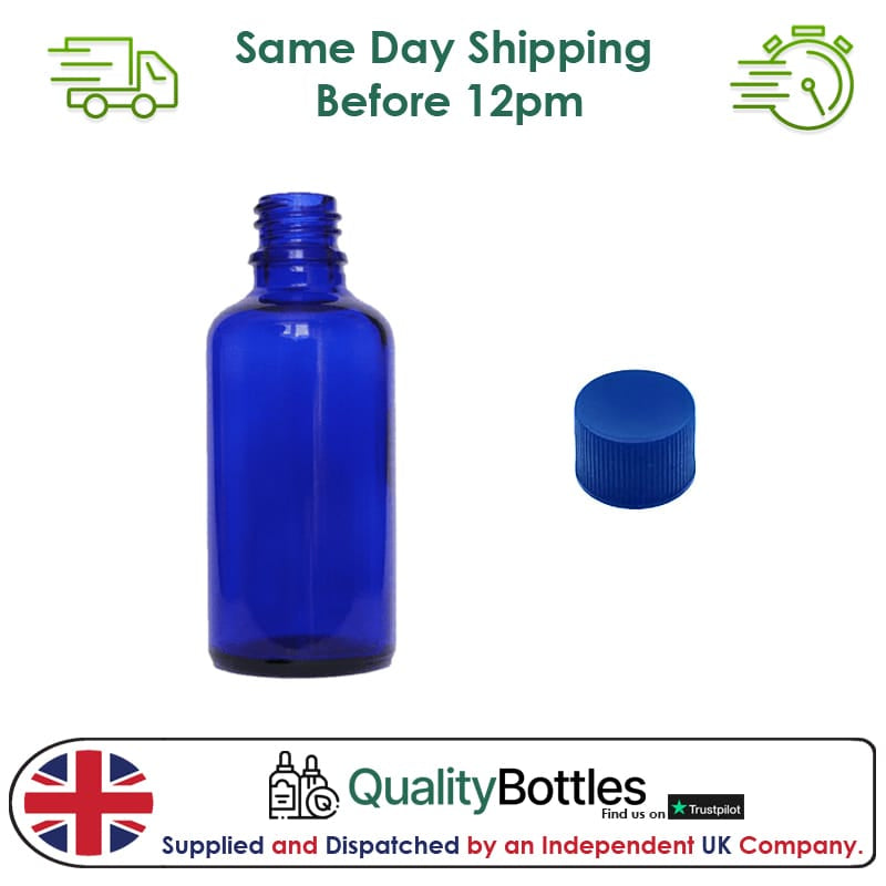 50ml Blue Glass Dropper Bottle with Blue PP Wadded Cap DIN 18mm - Pack of 12
