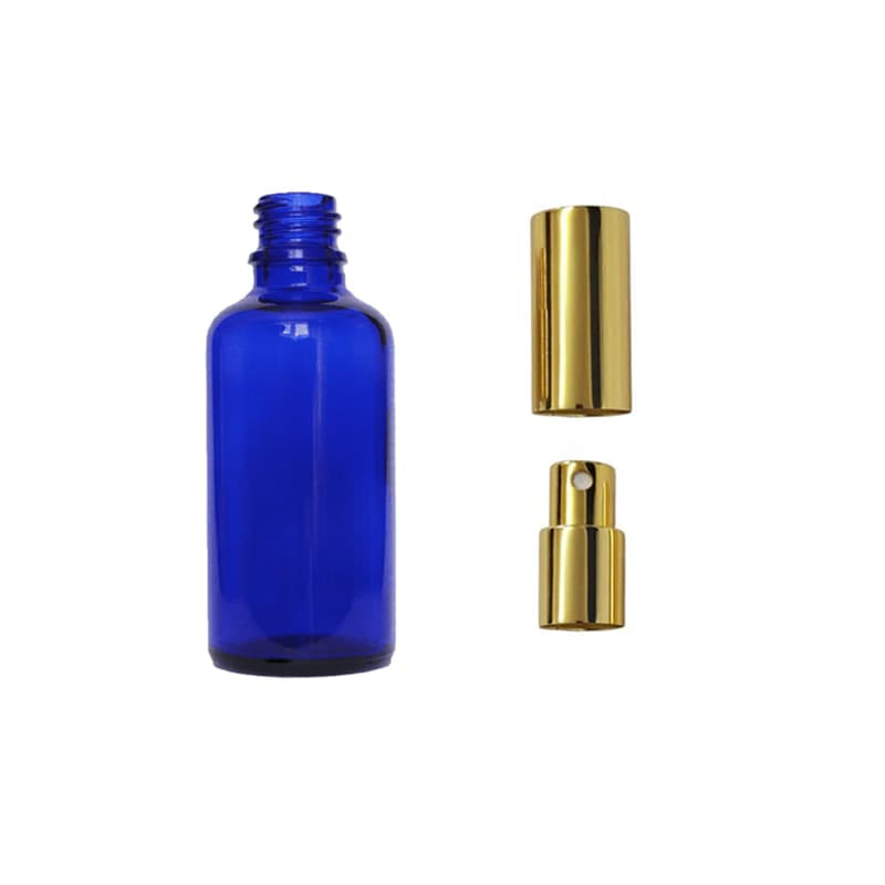 50ml Blue Glass Dropper Bottle with Gold Atomiser with Gold Over Cap - Pack of 12