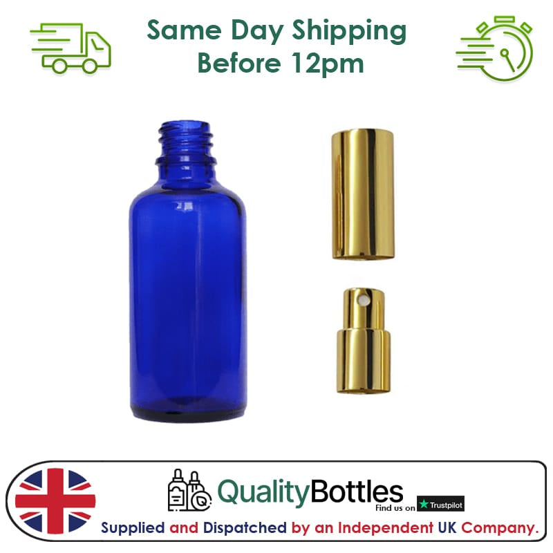 50ml Blue Glass Dropper Bottle with Gold Atomiser with Gold Over Cap - Pack of 12