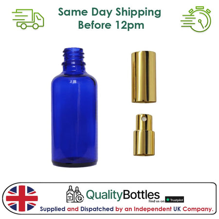 50ml Blue Glass Dropper Bottle with Gold Atomiser with Gold Over Cap - Pack of 12